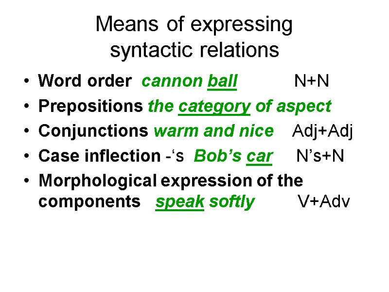 Means of expressing  syntactic relations Word order  cannon ball   